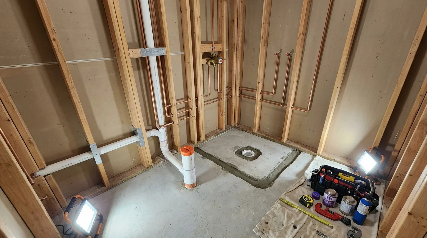 Bathroom rough-in plumbing during remodel by Johns Plumbing LLC in Lake Charles