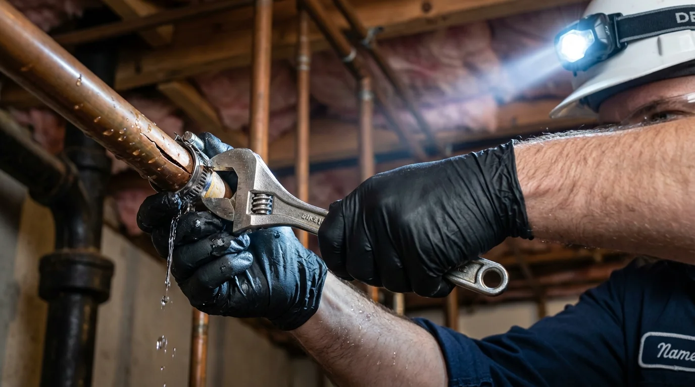 Emergency pipe clamp repair being performed by a Johns Plumbing LLC plumber in Lake Charles