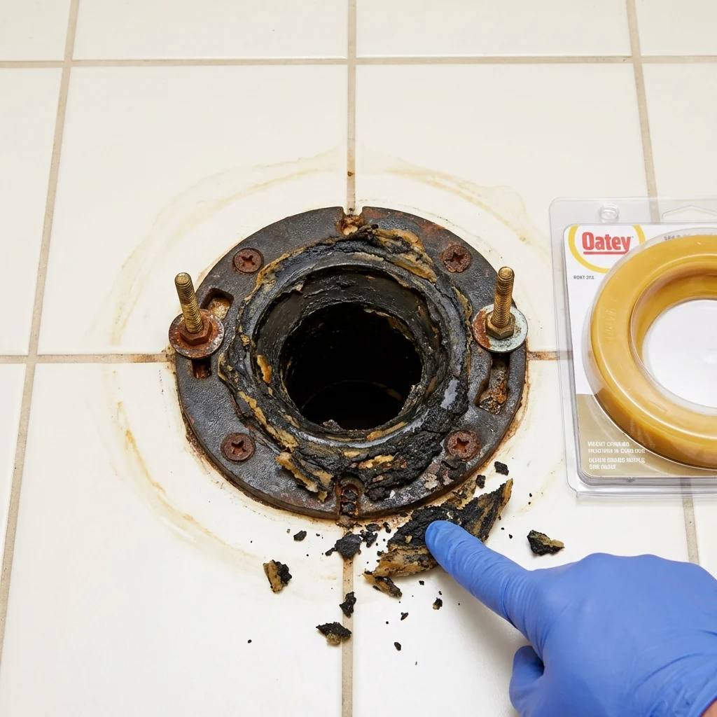 Failed wax ring showing water seepage at the base of a toilet in a Lake Charles, LA home