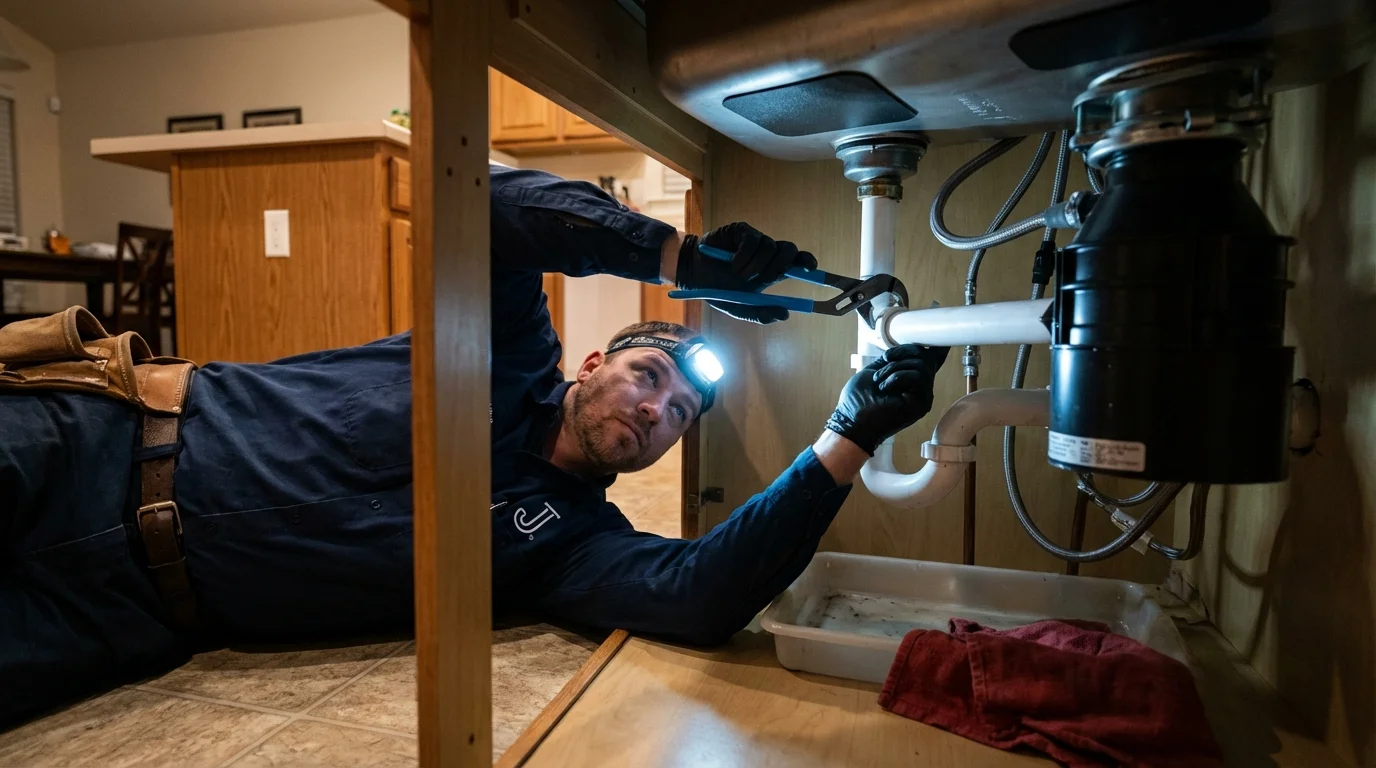 P-trap and supply line connections under a kitchen sink showing a common leak point in Lake Charles, LA